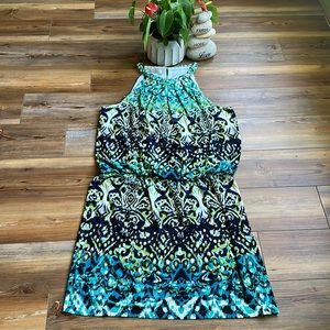 💖London Times teal,blue and white sleeveless summer dress with braided neckline